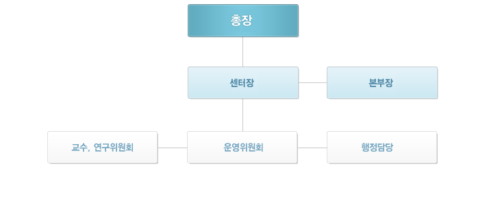 조직도로 총장-센터장과 본부장-교수연구위원회, 운영위원회, 행정담당